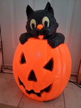 Vintage 1994 TPI Halloween Black Cat in Pumpkin Blow Mold Lighted 28" WORKING